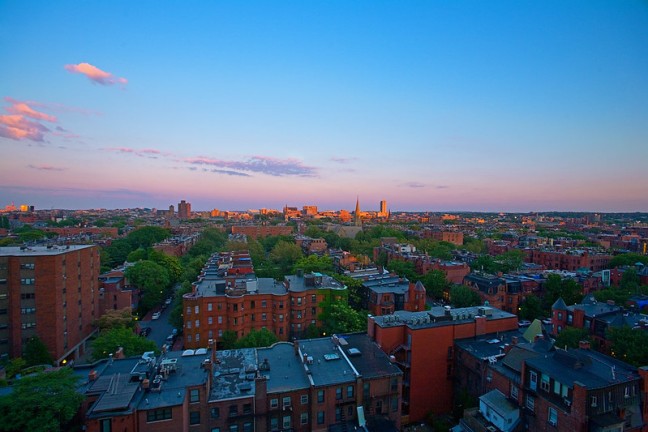 Boston's South End neighborhood is seen from above at twilight